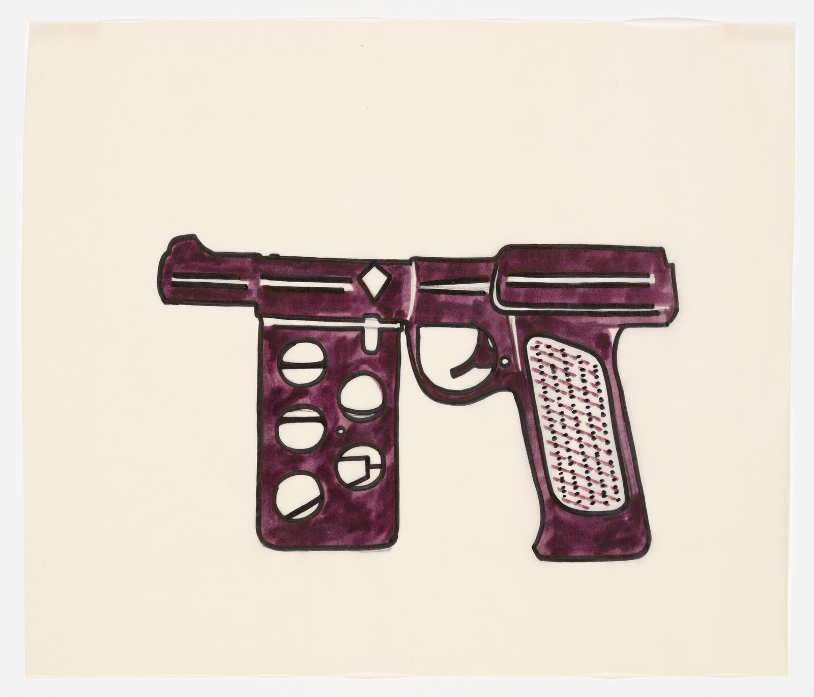 A simple purple stylized toy gun drawing with circular cutouts and textured grip on white background.