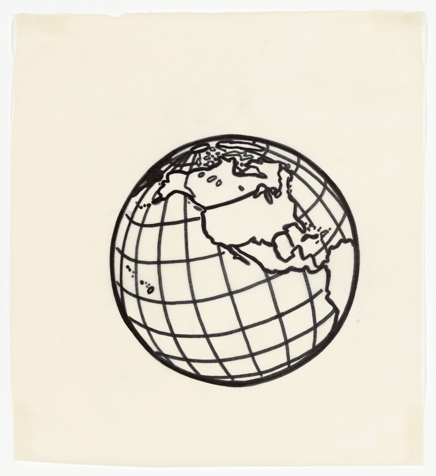 A black line drawing of a globe showing North and Central America with latitude and longitude grid.