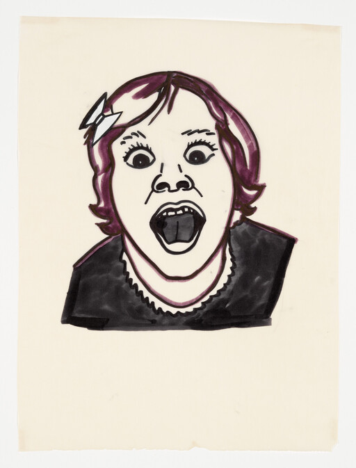Young girl with a hair bow screaming with mouth wide open in bold line drawing.