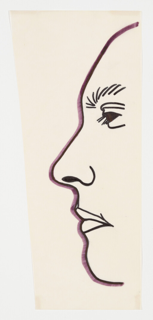 A simple side-profile line drawing of a face with a purple outline and eyelashes.