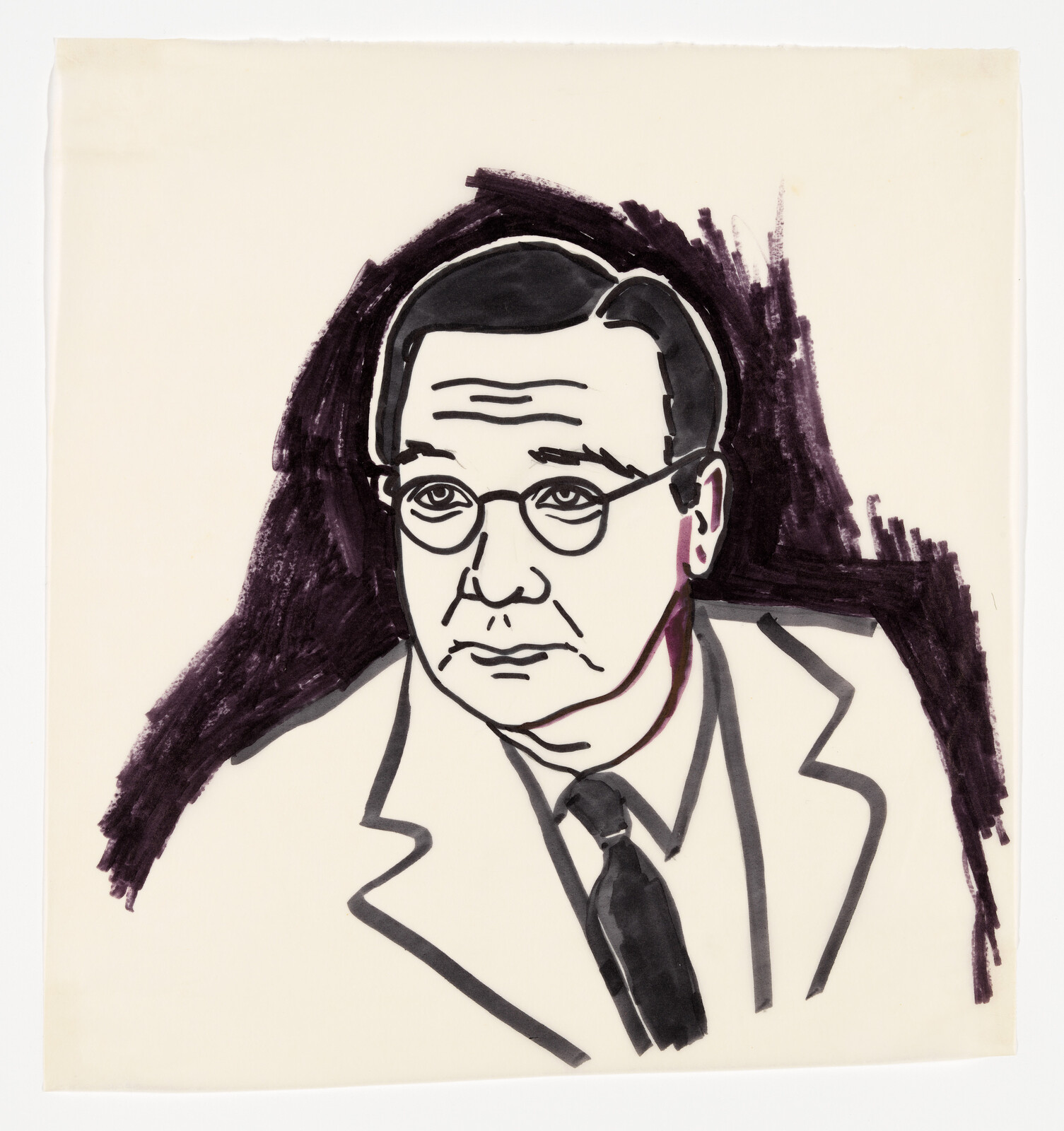 A stylized pen drawing of a bespectacled man in a suit looking downward and thoughtful.