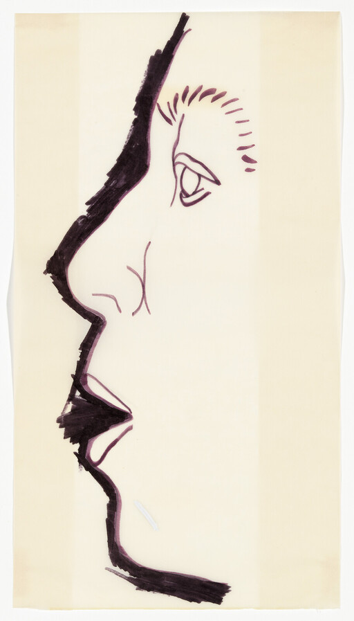 Black ink outline of a person's face in profile showing eye, nose, lips, and chin.