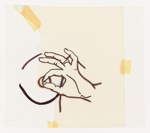 A hand drawing makes an okay sign while pinching a small round object on taped paper.