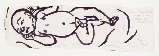 A simple ink drawing of a reclining baby resting its head on one hand.