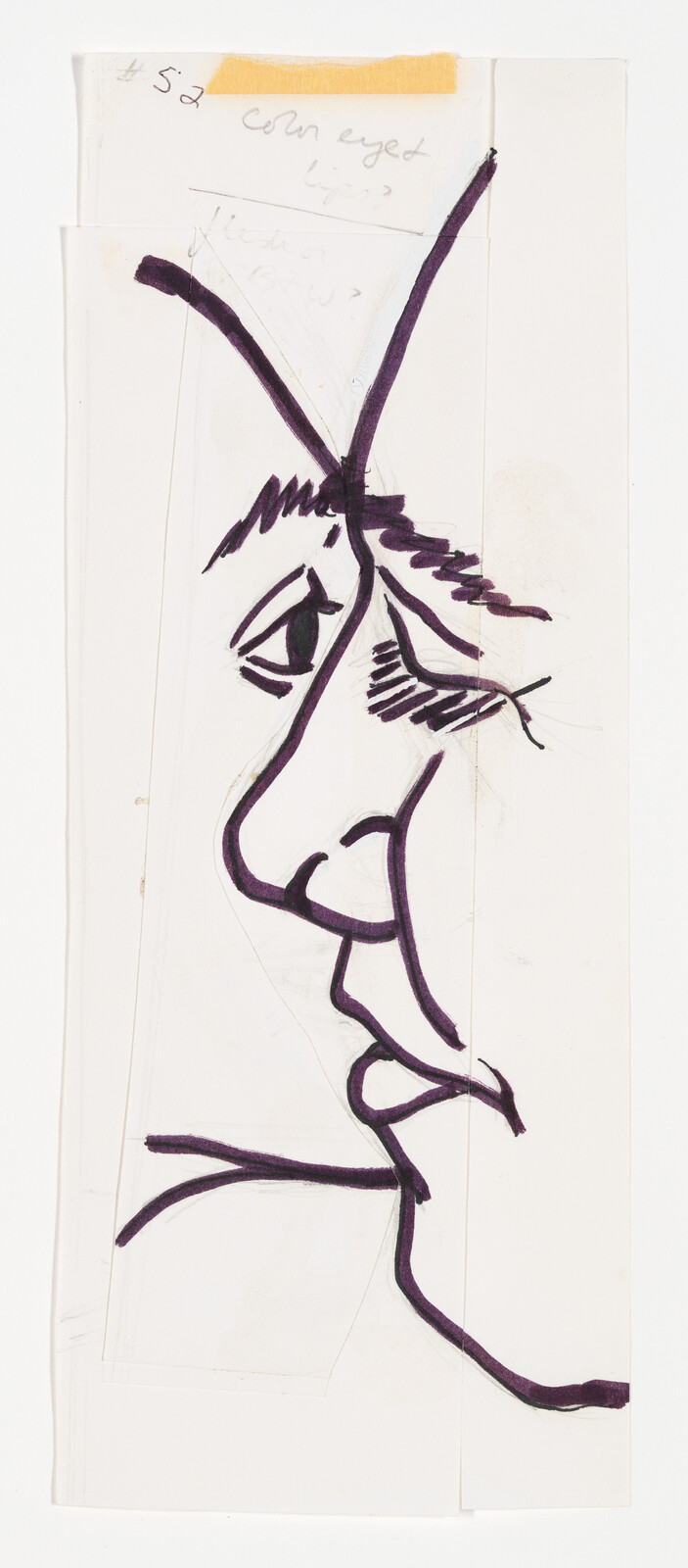 A tall narrow purple-marker sketch showing a stylized human face in profile on taped paper.