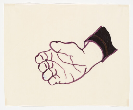 A drawn hand with palm up and fingers slightly curled wearing a dark cuff.