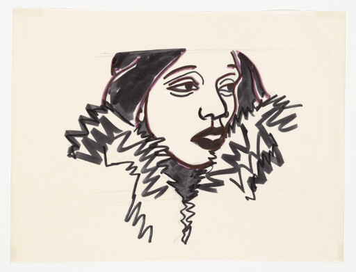 A stylized woman wearing a dark hat and zigzag fur collar looks off to the right.