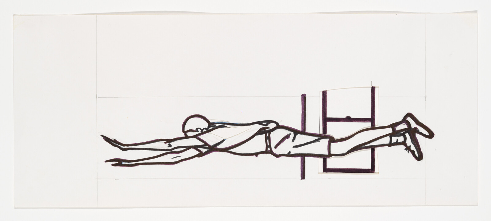 A sketch of a person diving horizontally with arms extended, passing through a rectangular frame.