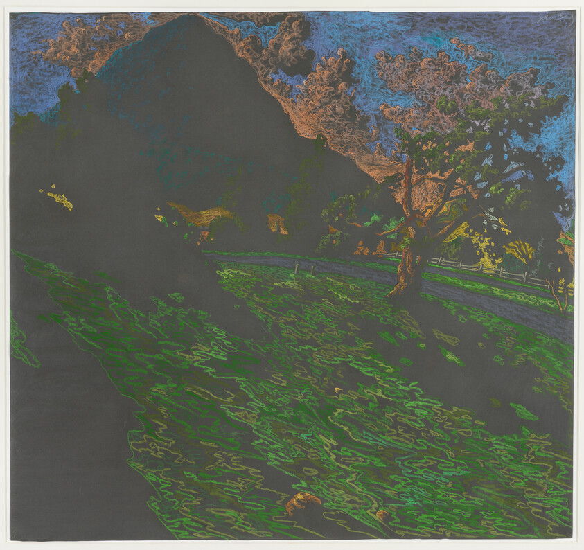 A lone tree stands by a curved road with a green field and dramatic sky.