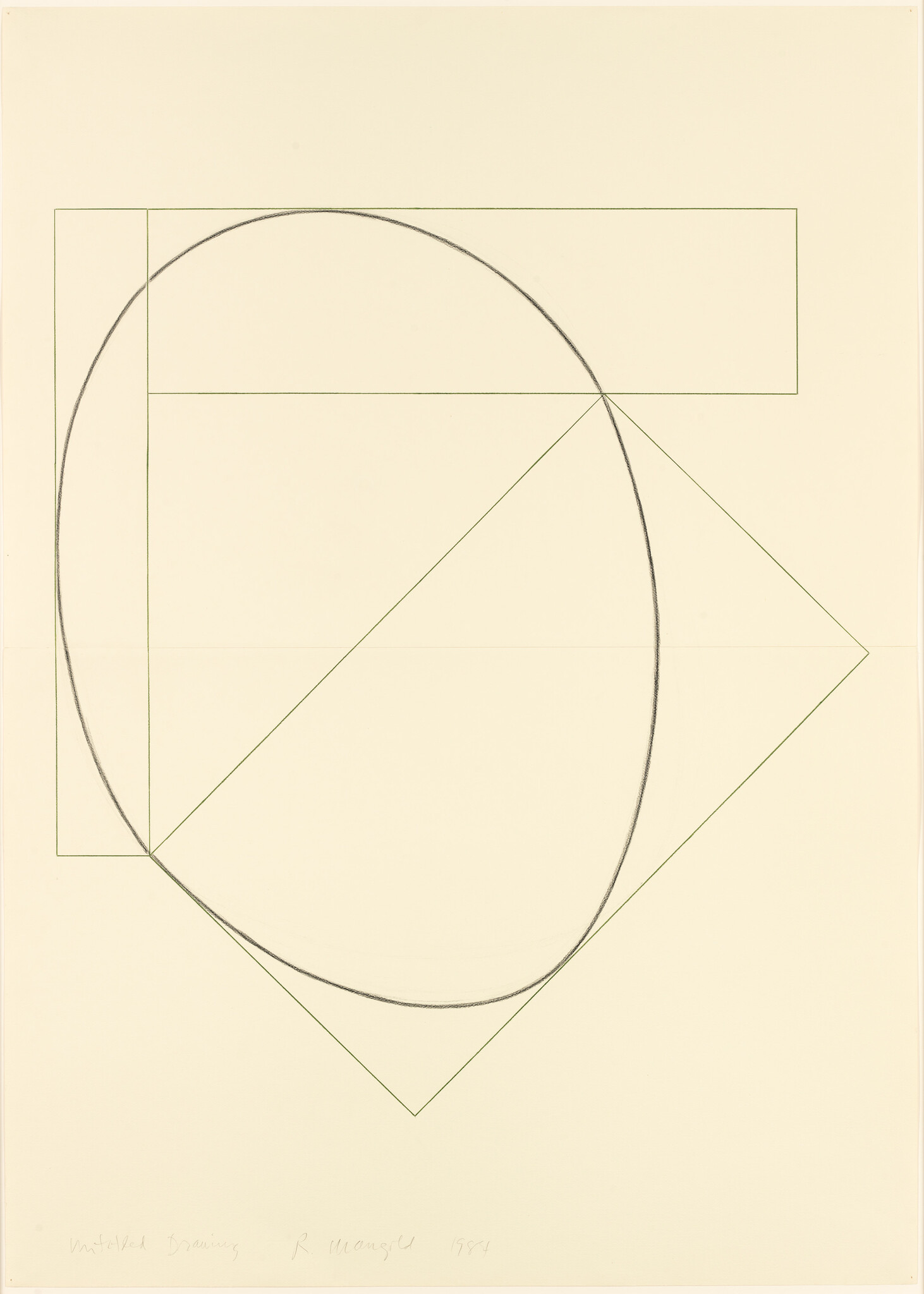 Large hand-drawn oval overlaps geometric rectangles and diagonal lines on a pale background.