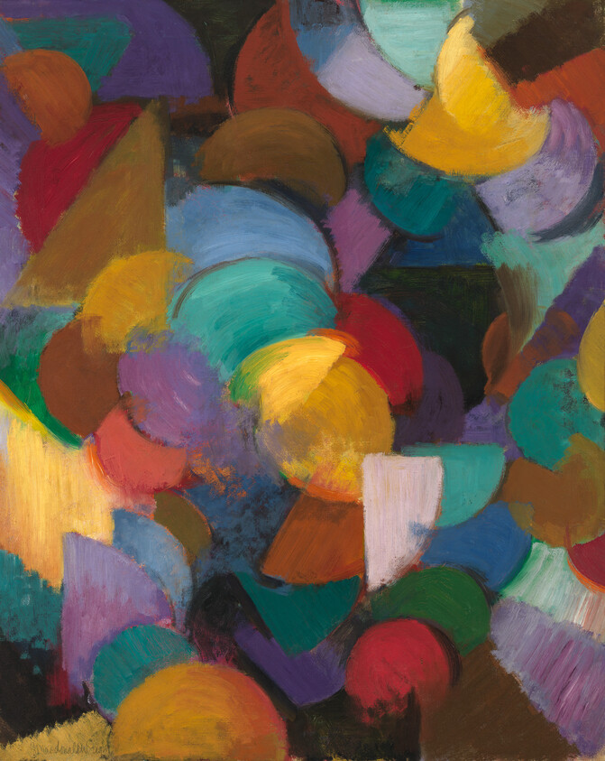 Colorful overlapping circles and semicircles create a lively abstract composition with bold, brushy textures.