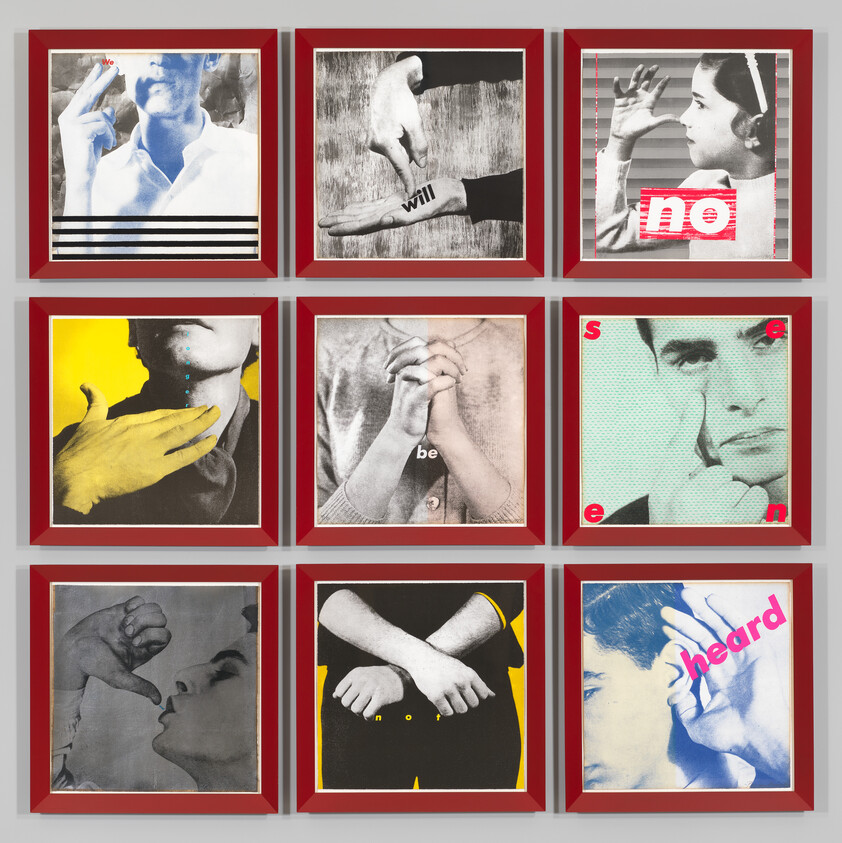 Nine framed panels show hands and faces with words like "no", "will", "be", and "heard".