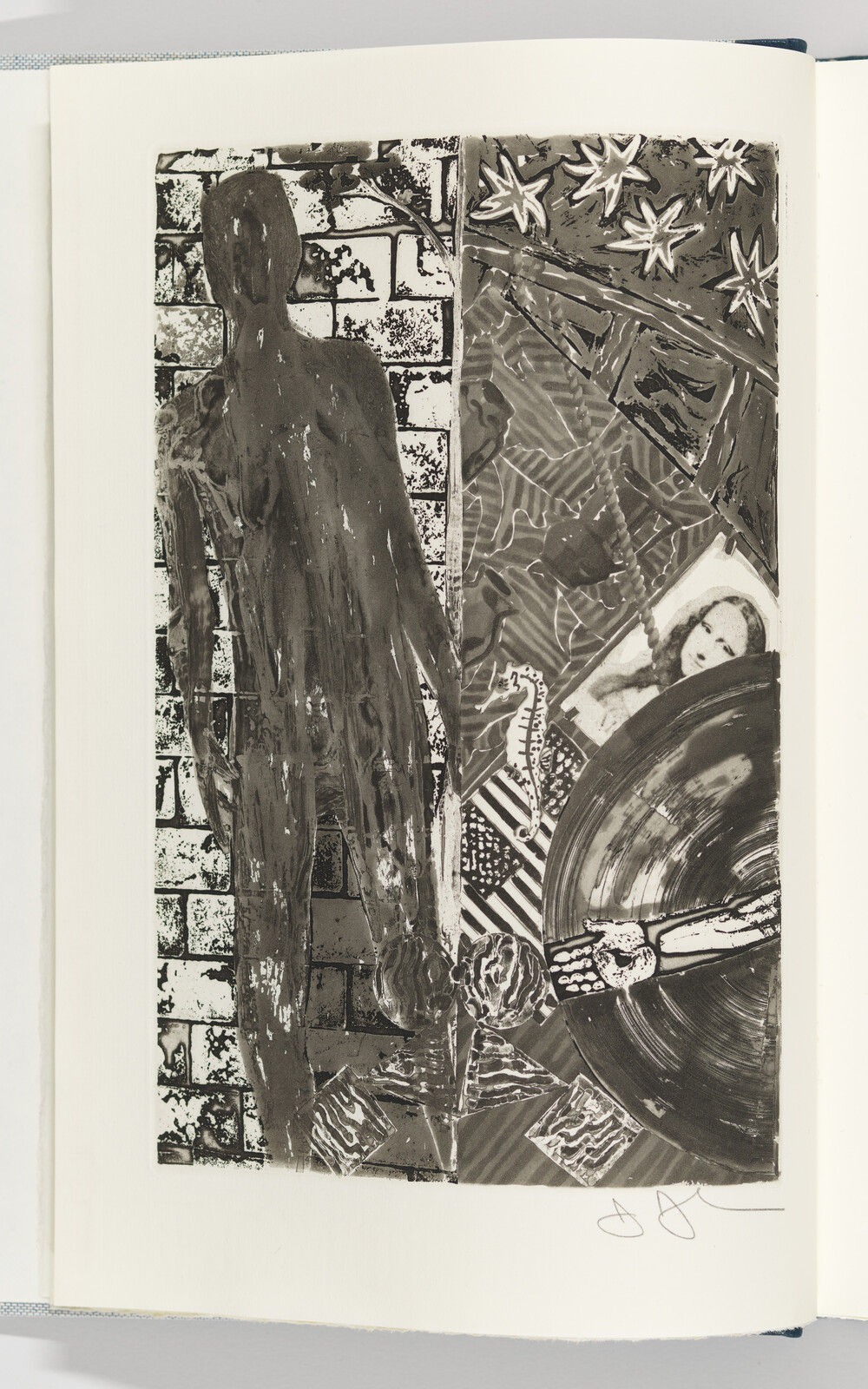 A tall painted human silhouette stands beside a collage of stars, a record, and a woman's portrait.