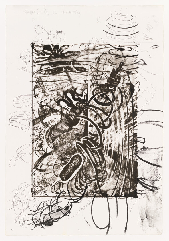 Abstract black-and-white drawing showing tangled spirals and tubular forms inside a rectangular frame.