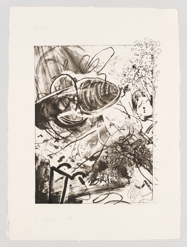 Large sketch of a hovering bee surrounded by energetic scribbles and abstract floral shapes.