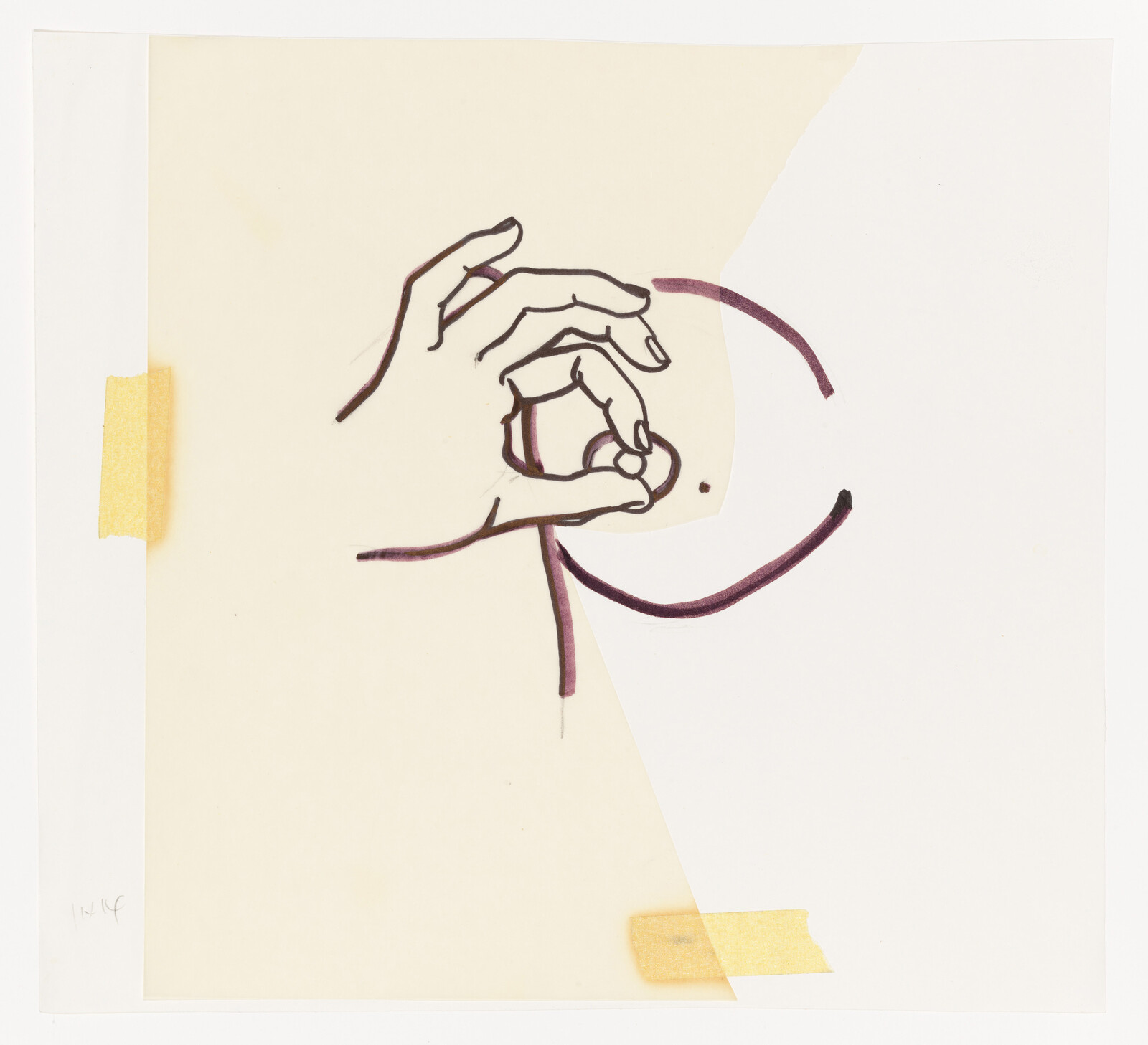 A drawn hand makes an ok gesture holding a small bead near a circular outline on taped paper.