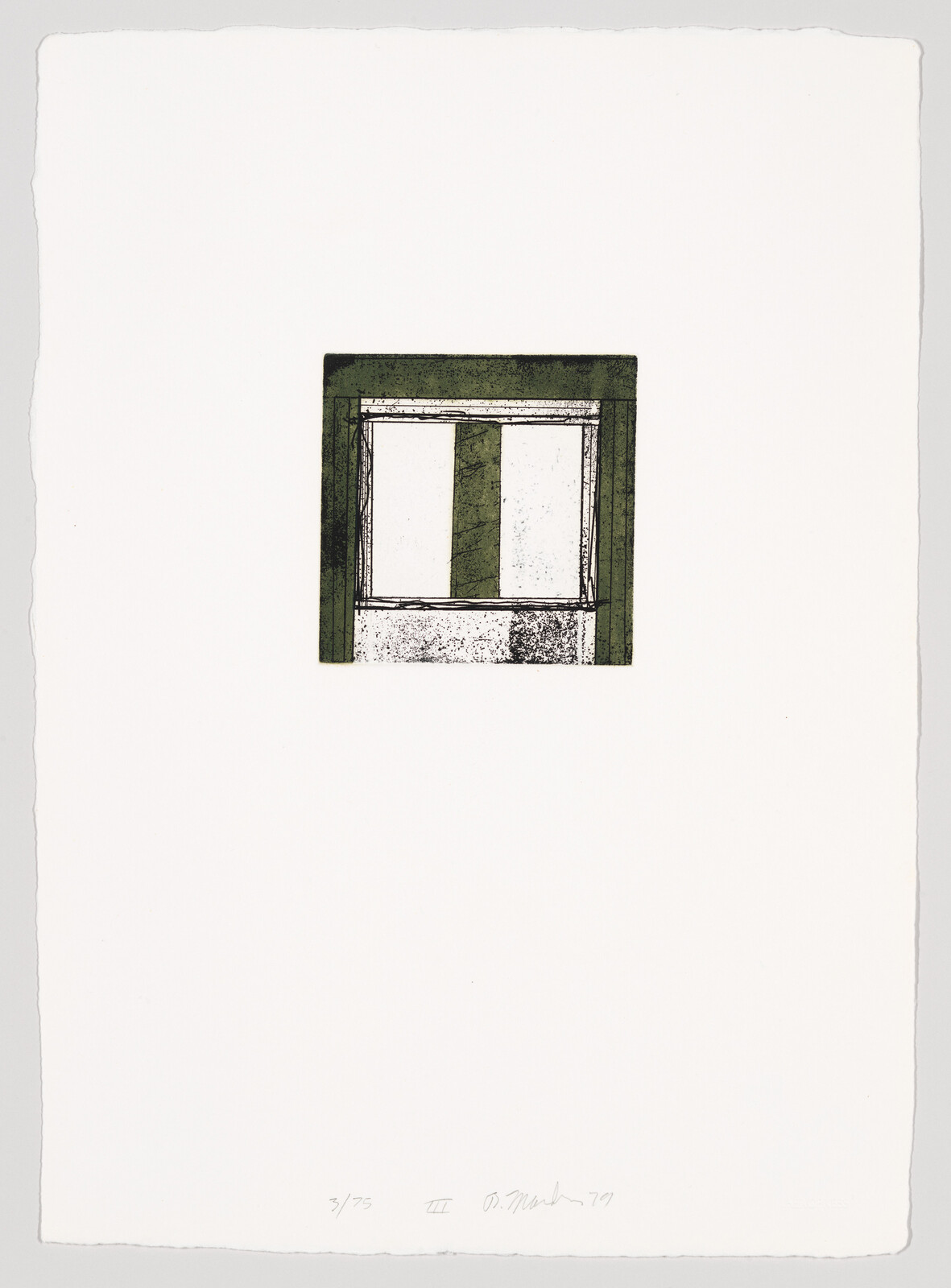 A small green-framed window print centered on a large white sheet of paper.
