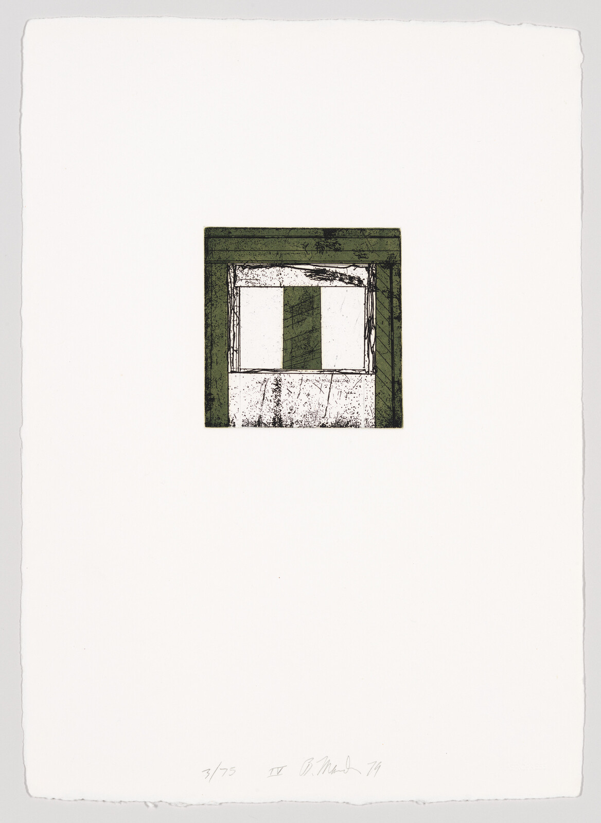 Small green-framed rectangular window-like print centered on large white paper.