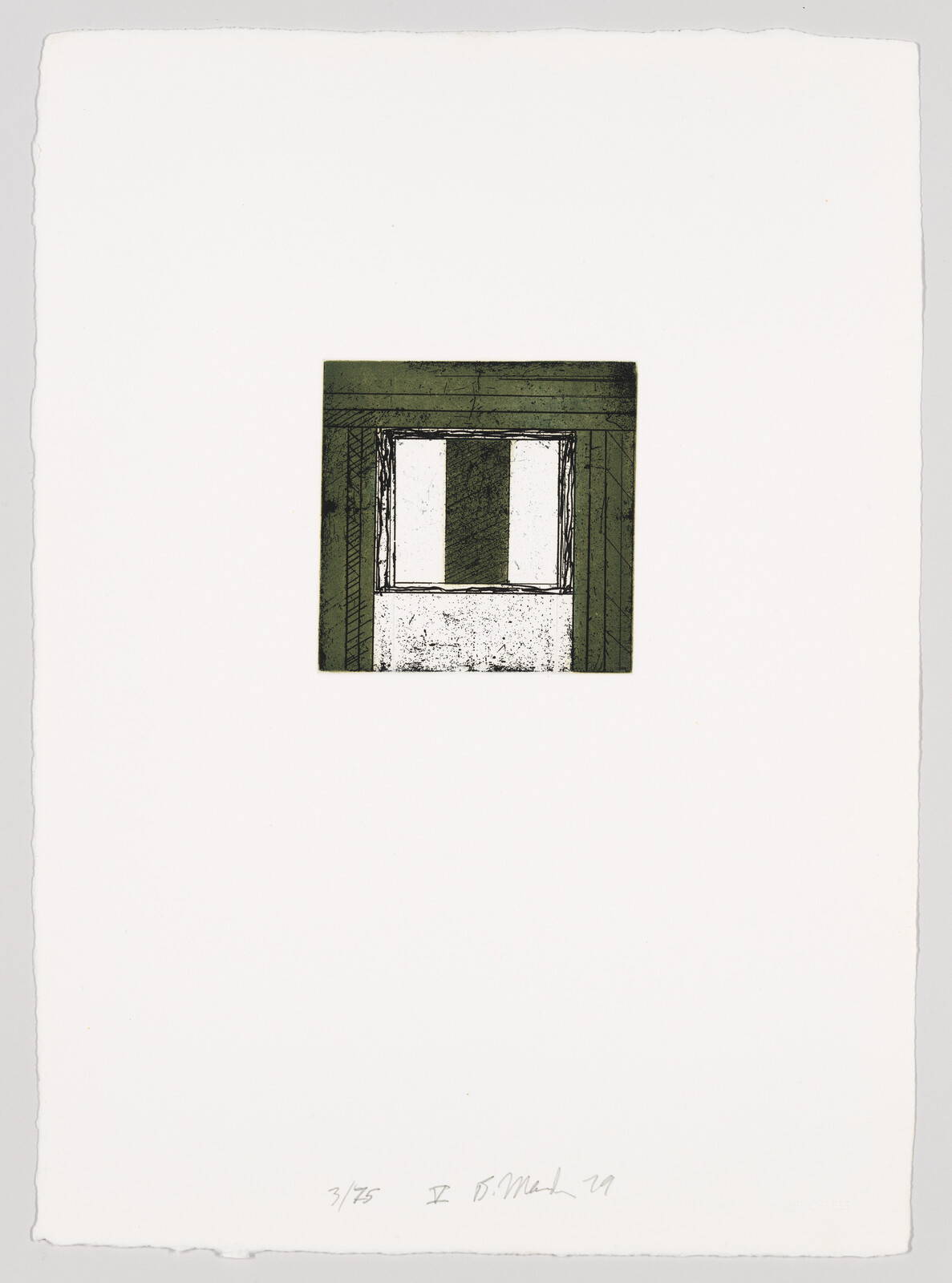 A small green-framed abstract window print sits centered on a large white sheet of paper.