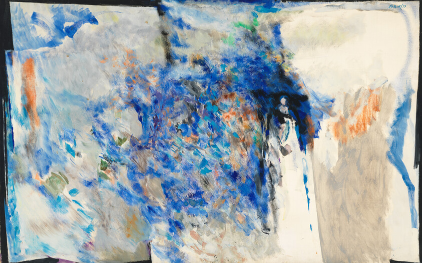 Abstract painting showing energetic blue and gray brushstrokes across a pale canvas with orange accents.