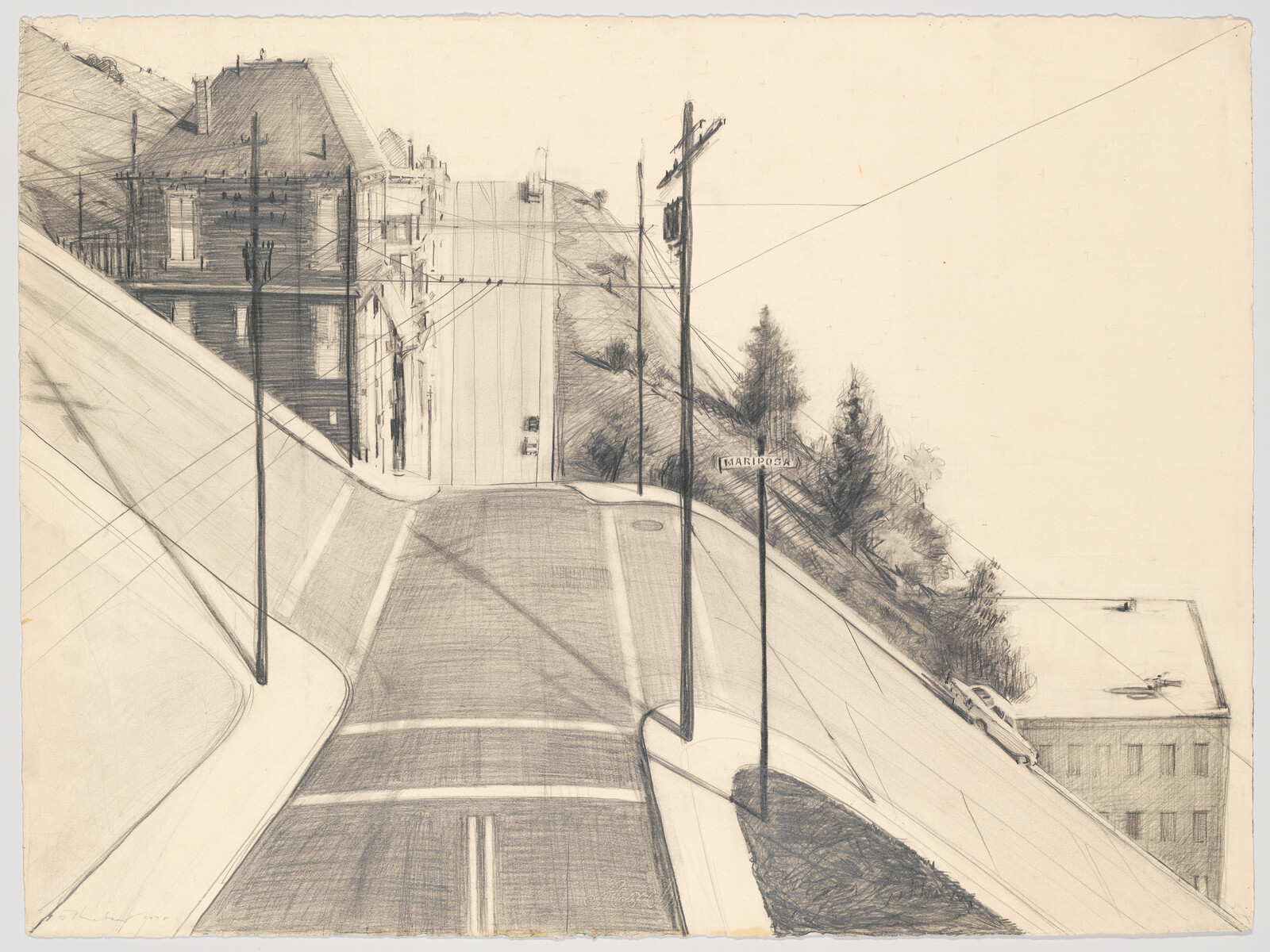 A steep urban street intersection with utility poles, parked cars, and tall hillside buildings.