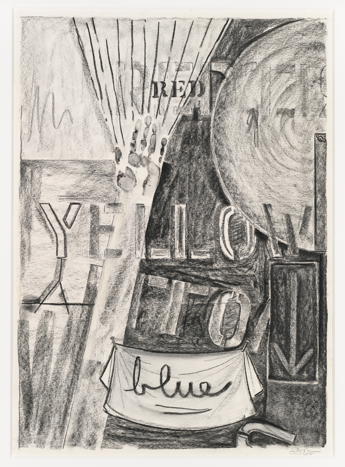 A charcoal drawing shows a raised hand, large circular sign, and a cloth labeled "blue."