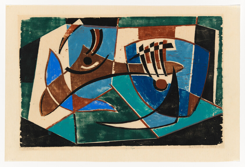 Abstract geometric composition of blue and brown shapes suggesting a fish and musical elements.