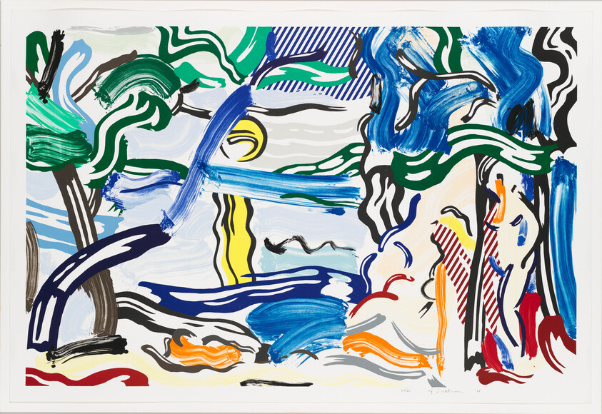 Bright abstract painting with bold blue, green, and yellow brushstrokes suggesting trees, water, and sun.