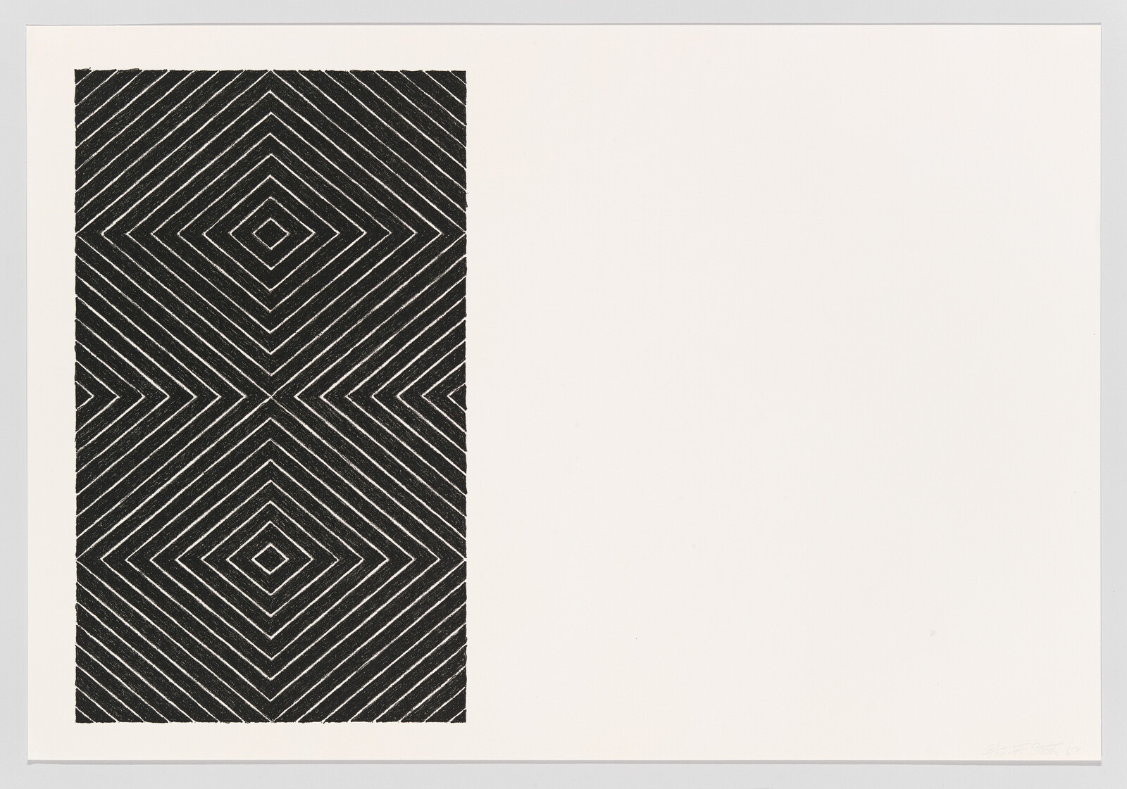 Black rectangular panel with repeating diagonal lines forming concentric diamonds sits against a wide white background.