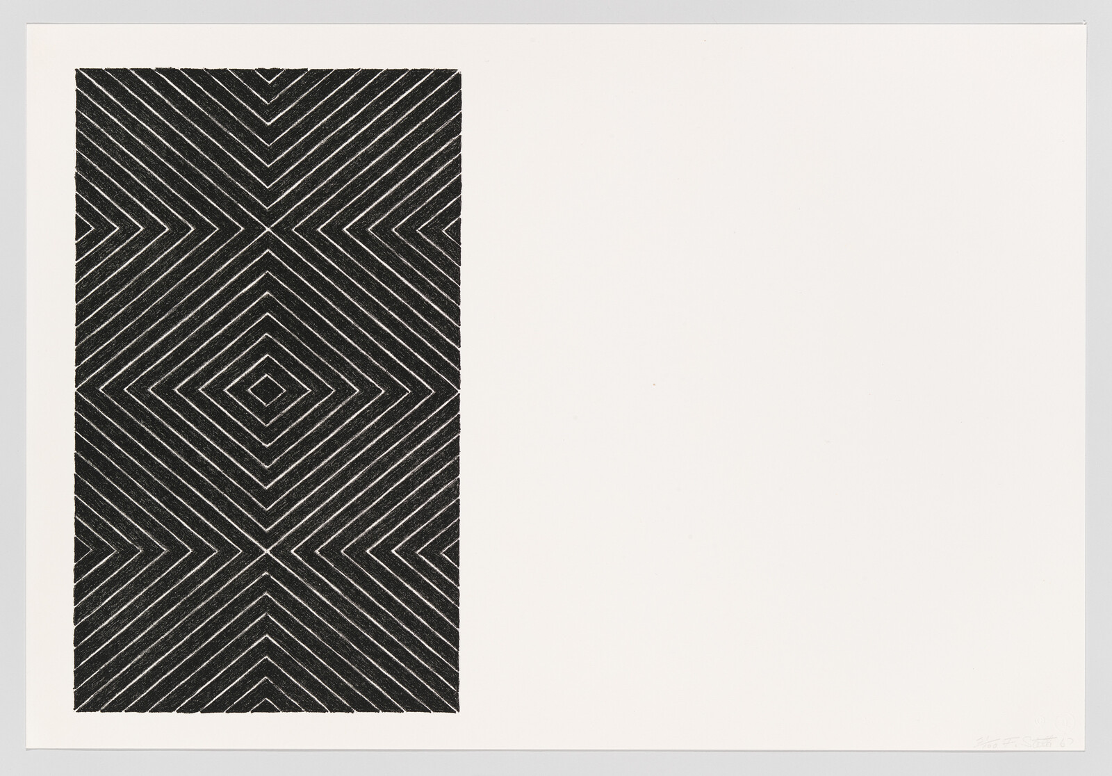 A tall black rectangle of white diagonal lines forming diamond patterns sits against a wide white background.
