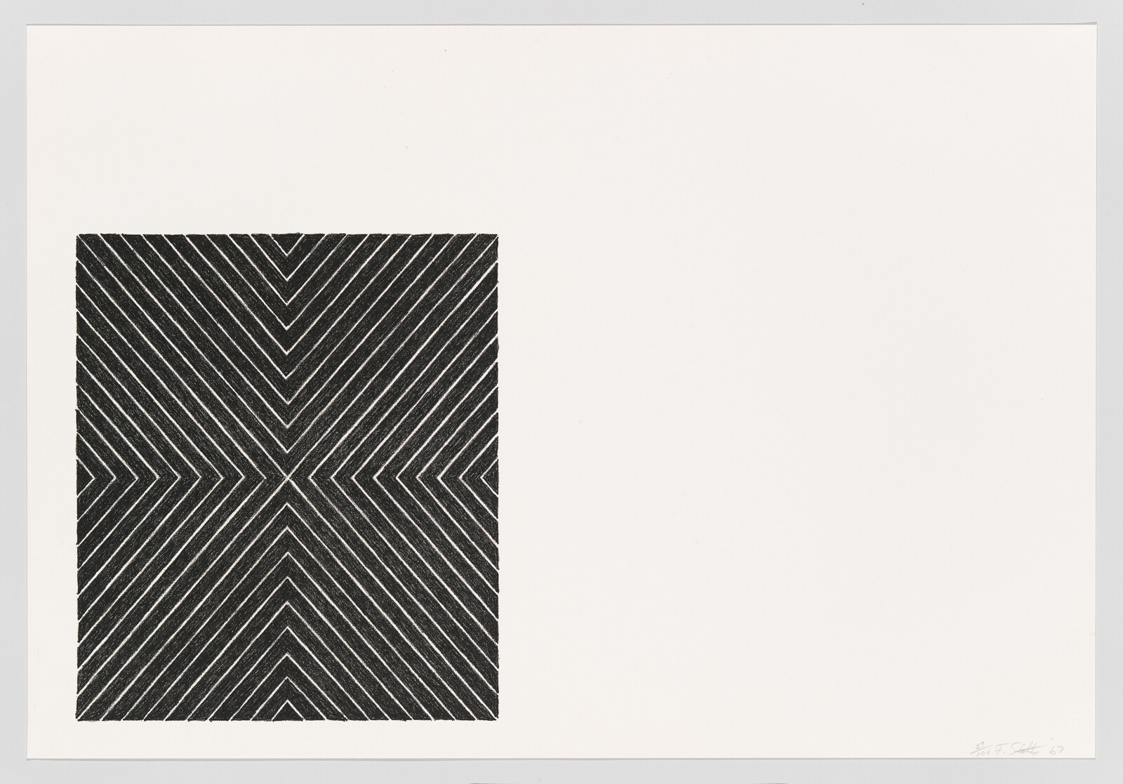 Black square with converging diagonal white lines forming an X pattern on the left side.