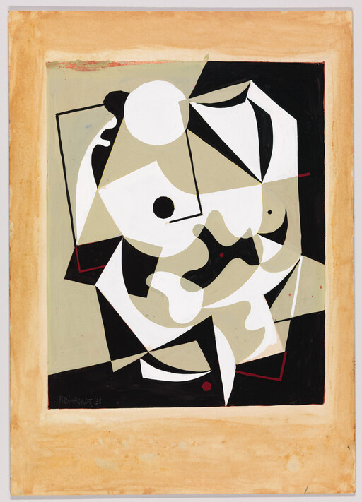 Abstract painting with overlapping geometric shapes in black, white, and beige, surrounded by a wide tan border.