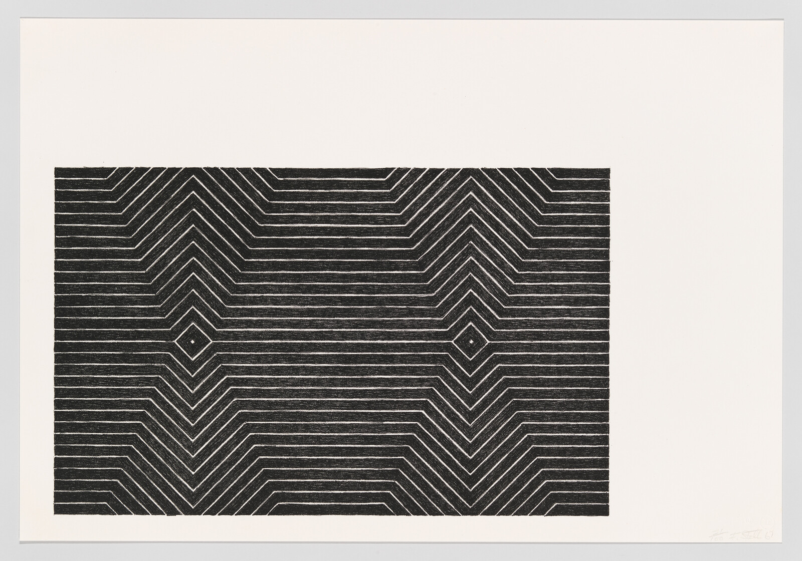 Black rectangular pattern of parallel chevron lines forming two centered diamond shapes on white paper.