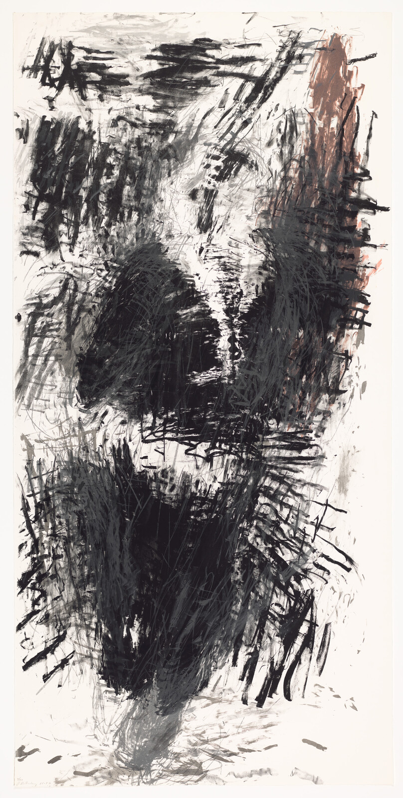 Large abstract charcoal and paint composition with dense black vertical strokes and rough gray smudges.