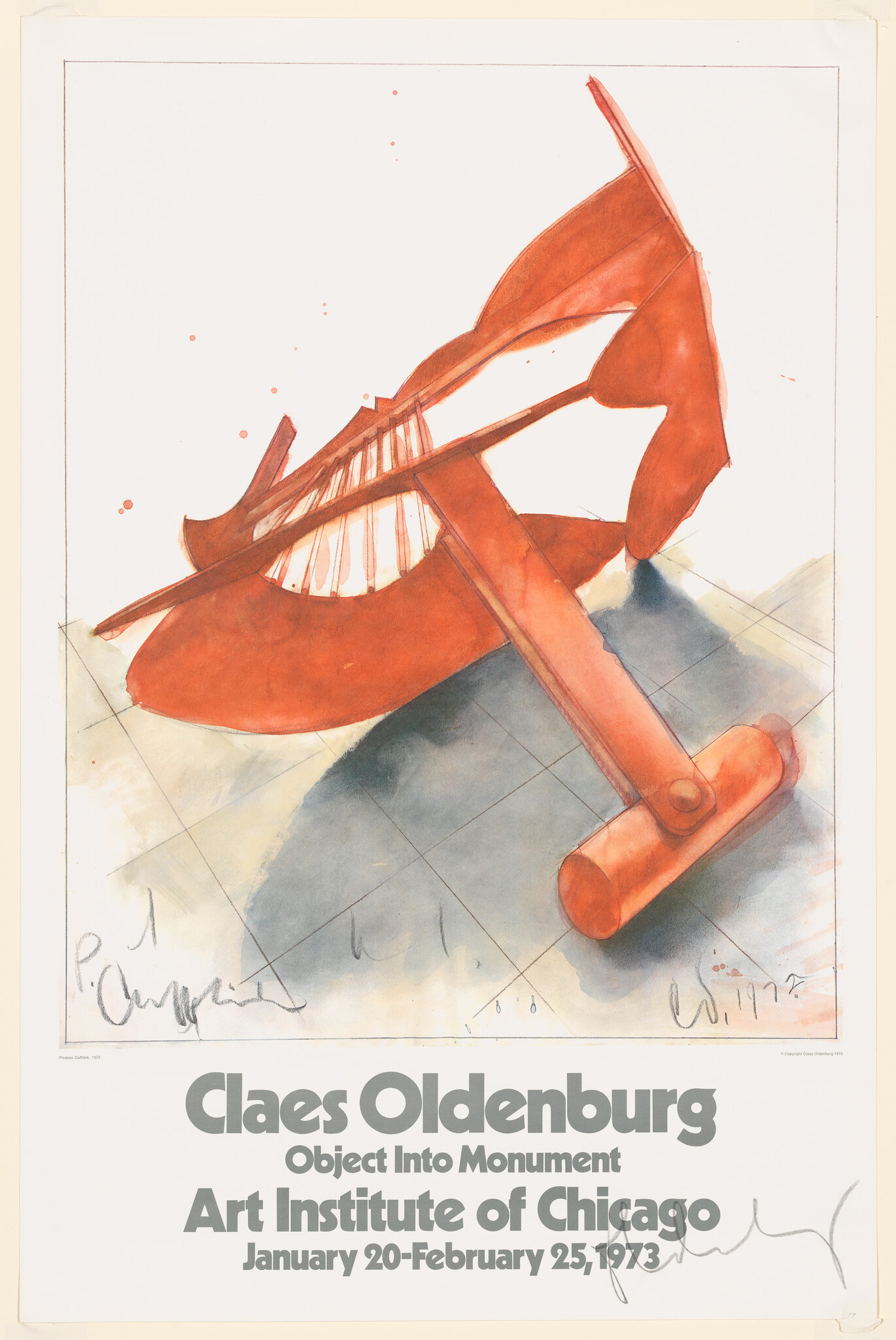 Poster showing a large red sculptural object and text announcing Claes Oldenburg exhibition at the Art Institute of Chicago.