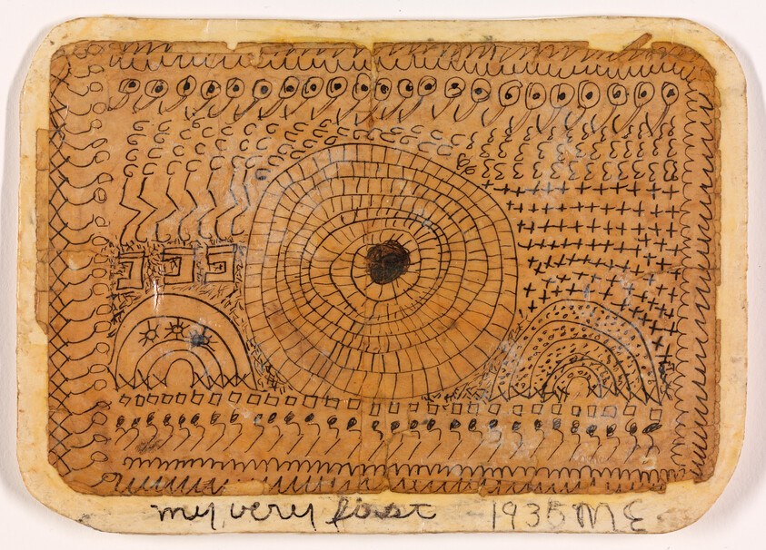 Brown paper with black ink doodles, including circles, lines, and patterns. Text at bottom reads “my very first 1935 ME.”