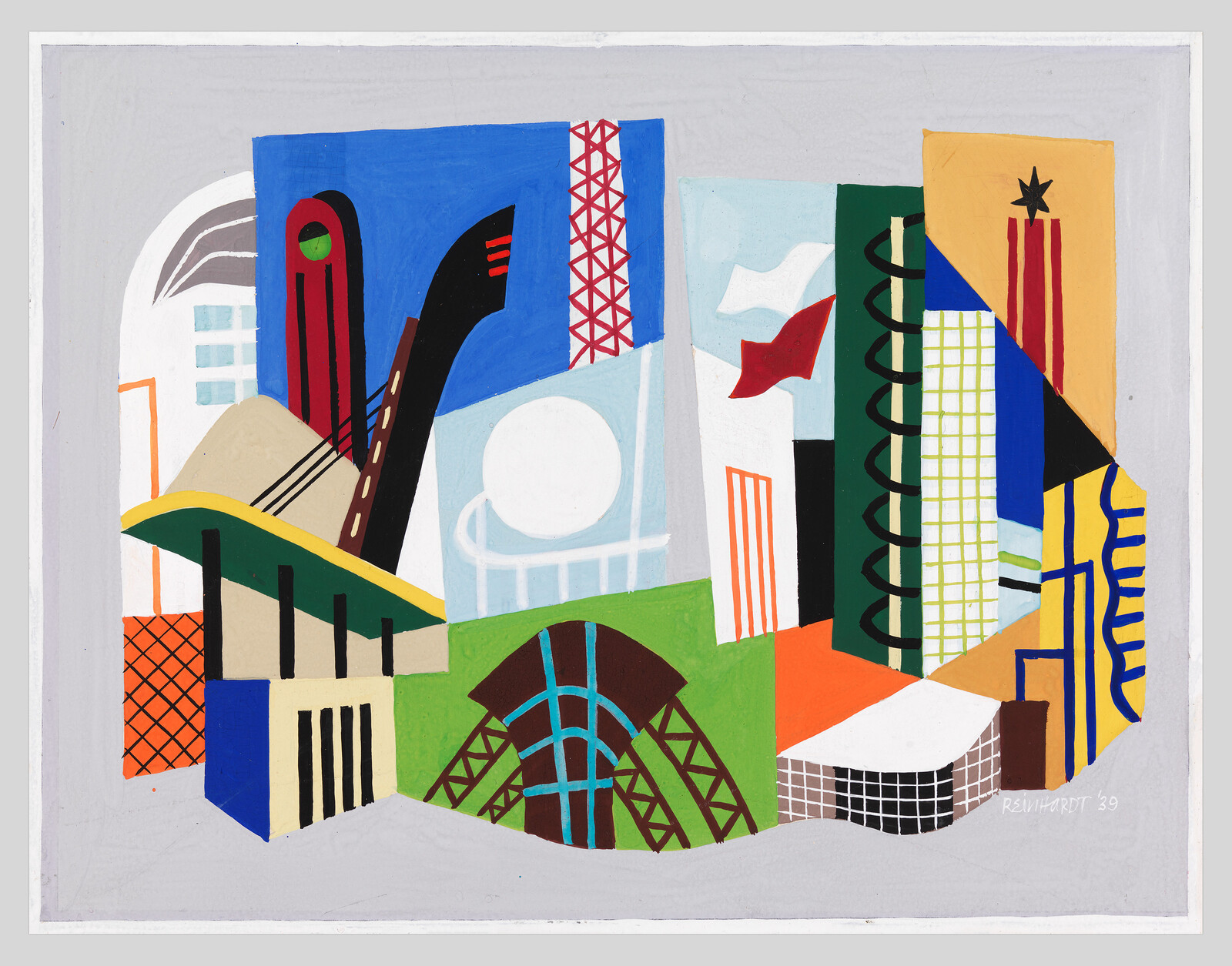 Colorful abstract painting of city buildings with geometric shapes, a sun, and a red star on a yellow tower.