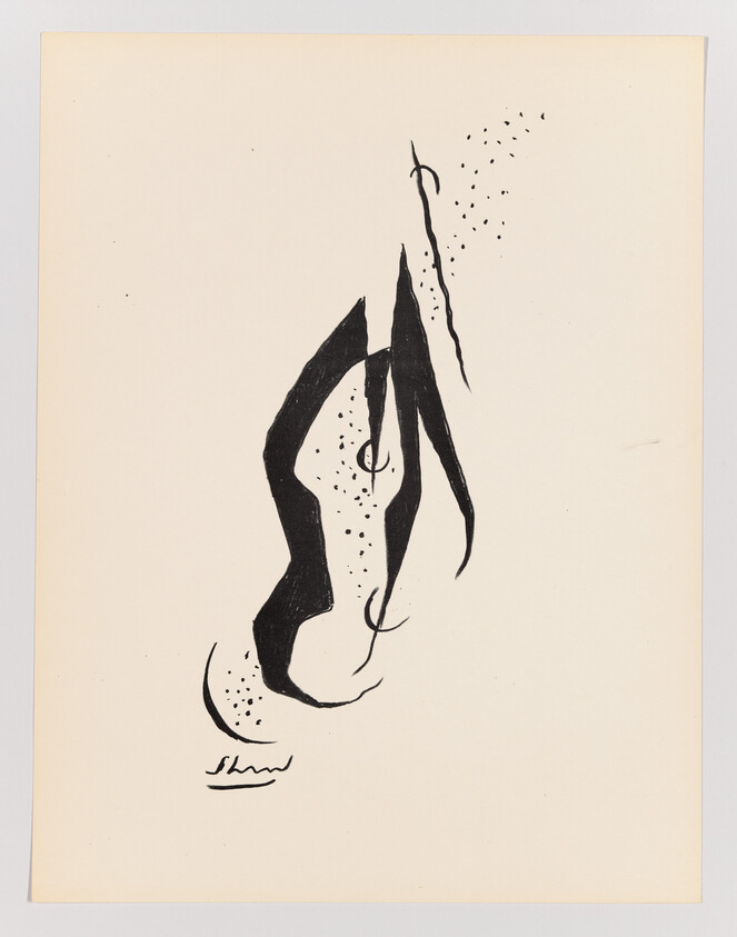 An abstract black ink drawing on a cream-colored paper that resembles a stylized figure or character with elongated shapes and splatter details, signed by the artist at the bottom left corner.