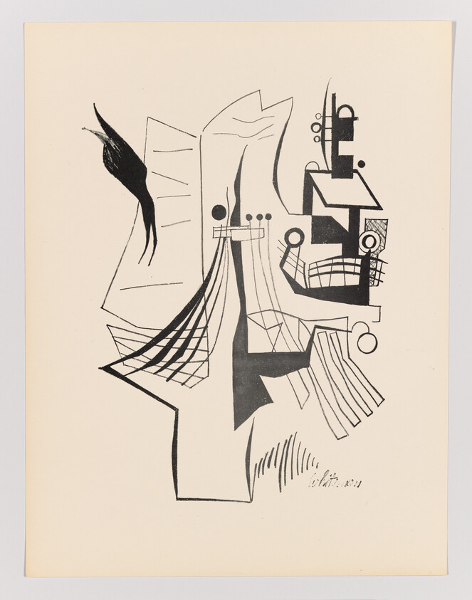 Abstract black and white artwork featuring a juxtaposition of geometric and organic shapes, possibly suggesting a fragmented figure or a collection of objects. The composition is balanced between dense, detailed areas and open space, with a signature at the bottom right corner.