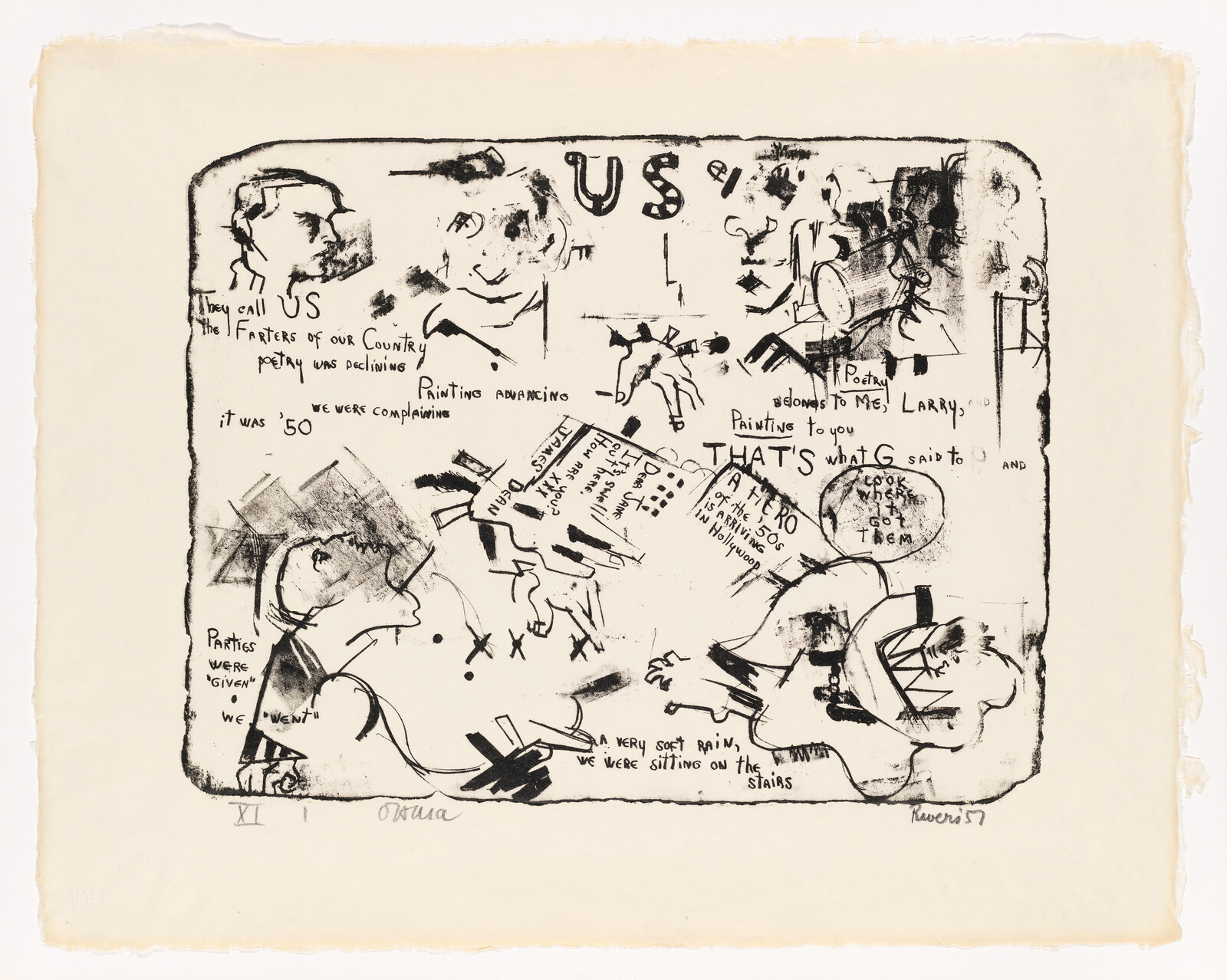 A chaotic black ink drawing of scribbled faces, text, and abstract shapes across a paper.