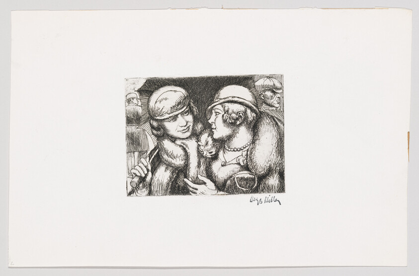 Two women in cloche hats and fur collars converse closely while holding a small dog.