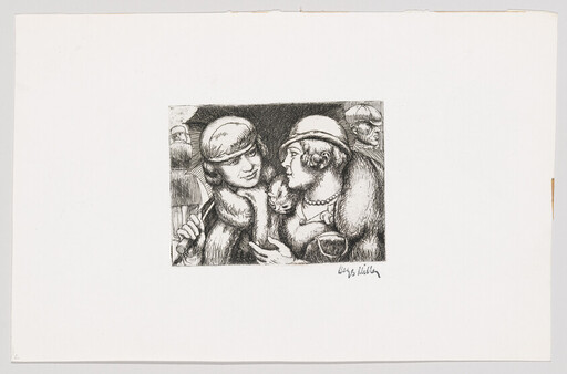 Two women in cloche hats and fur collars converse closely while holding a small dog.