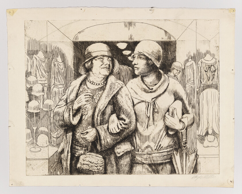 A black and white etching depicting two figures from what appears to be the Renaissance period, conversing in front of a shop with various garments on display. The figure on the left is wearing a hat and a fur-trimmed coat with a necklace, while the figure on the right is dressed in a hooded cloak and holding a bag. The background features detailed illustrations of clothing items and a geometric pattern above the shopfront.