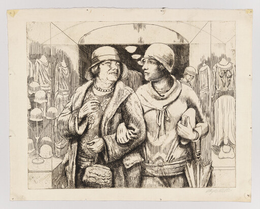 Two women in coats and cloche hats walk arm in arm through a hat and clothing shop.