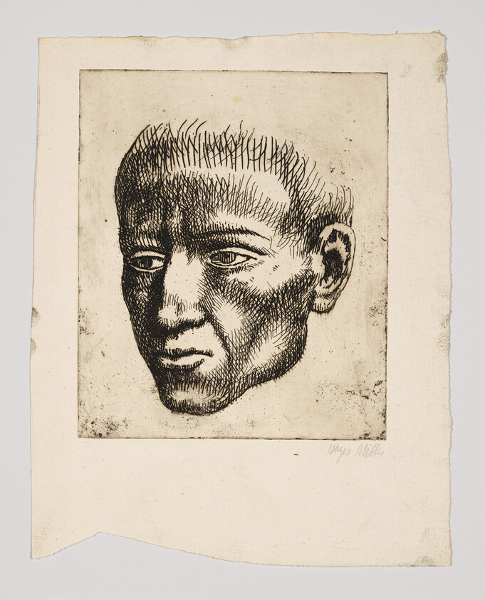 Etching of a solemn male head with strong cross-hatched shading on aged paper.