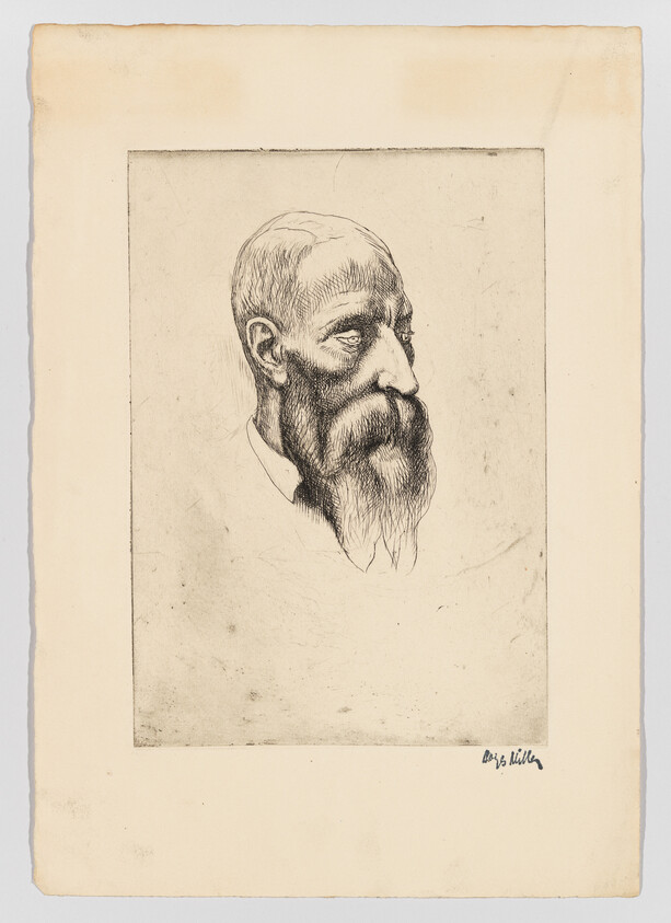 An engraved portrait shows an elderly man with a long beard in profile on aged paper.