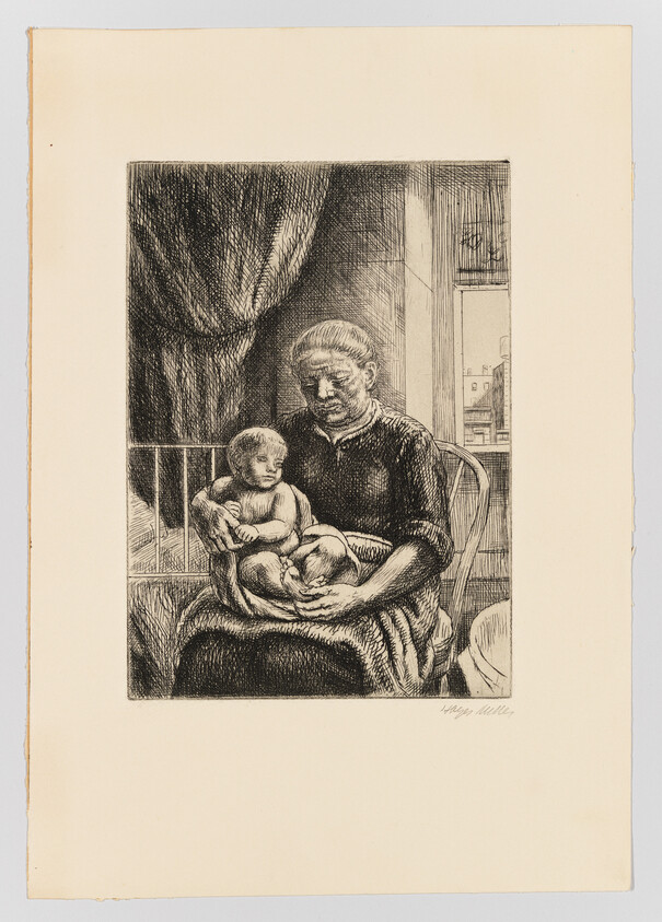 An older woman sits by a window holding a baby on her lap.