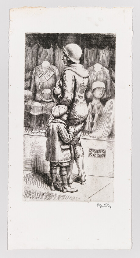 A woman and child stand outside a shop window, the child holding the woman's coat as they look at hats.