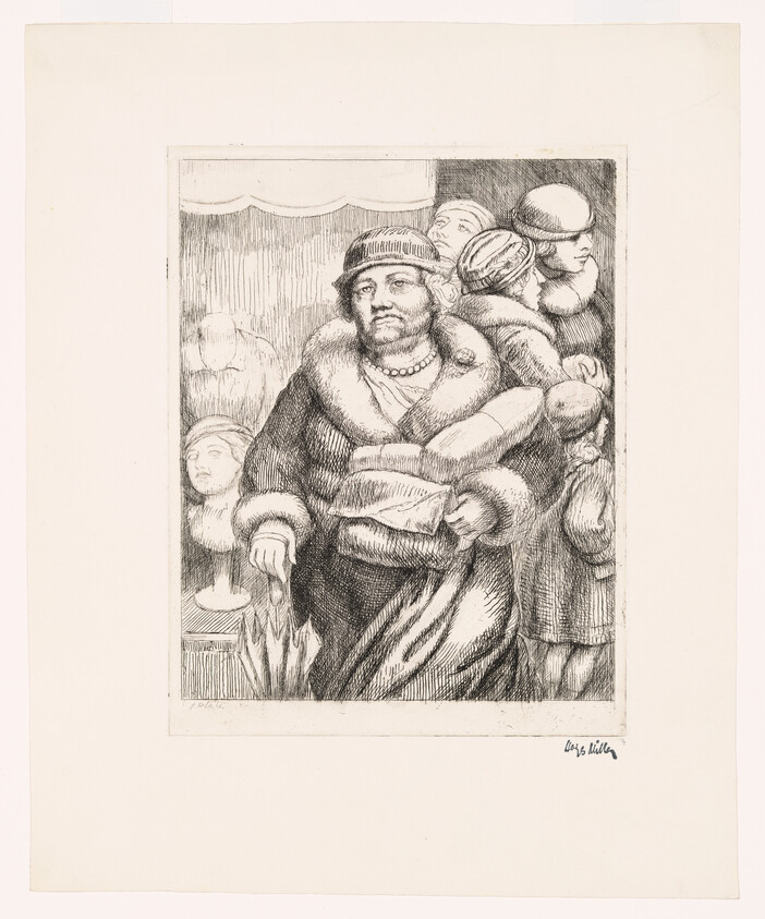 A fur-coated man in a hat holds a folded umbrella and papers while crowds press behind him.