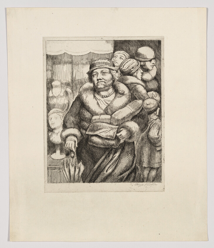 A fur-coated woman holds a folded umbrella and purse while standing among other people.